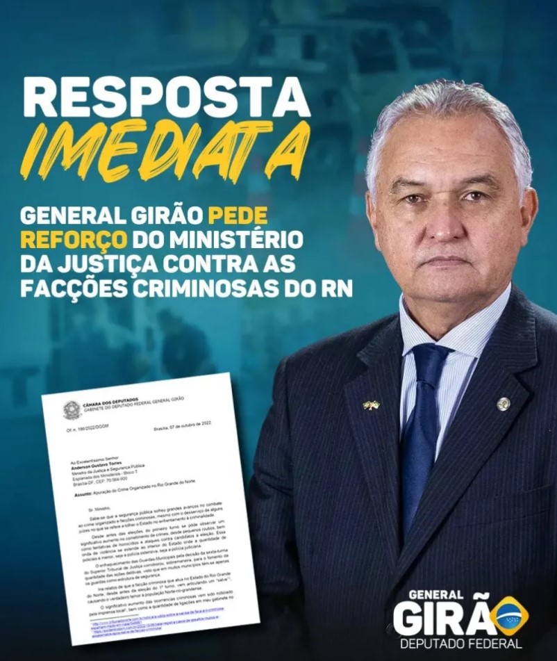 Após onda de criminalidade no RN, Girão pede apoio do Ministério da Justiça