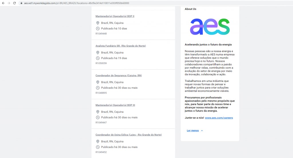 AES Brasil divulga vagas de emprego em parque eólico com apoio do SENAI-RN