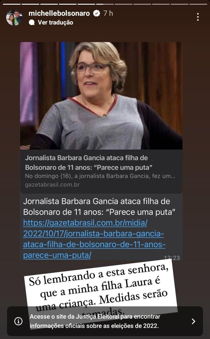 “Medidas serão tomadas”, diz Michelle Bolsonaro após ofensa de jornalista à filha de 11 anos