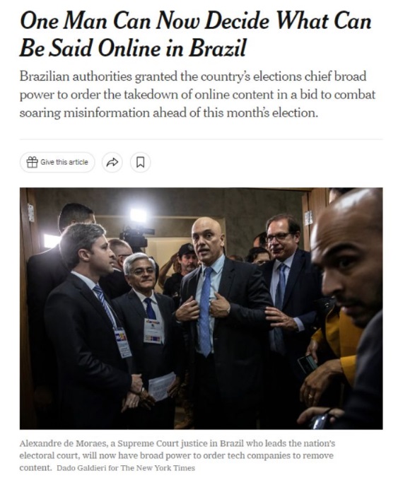 NY Times destaca momento de censura no Brasil: Moraes decide o que pode ser dito online