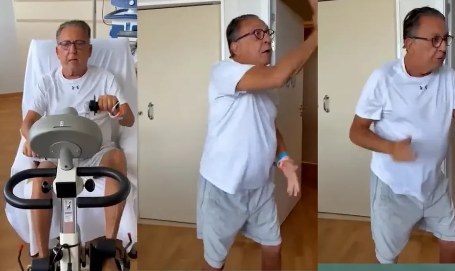 Galvão Bueno posta vídeo se exercitando em hospital a uma semana da Copa