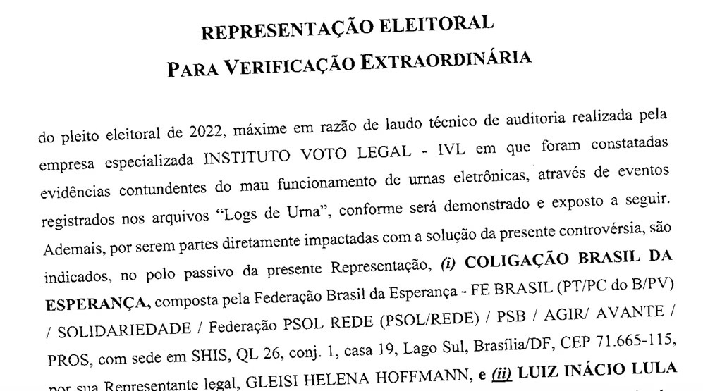 Em representação ao TSE, PL diz que Bolsonaro teve 51% dos votos no 2º turno