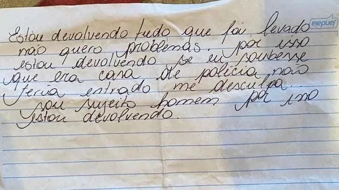 Ladrão furta casa, descobre que residência é de delegado e devolve itens: “Me desculpe”