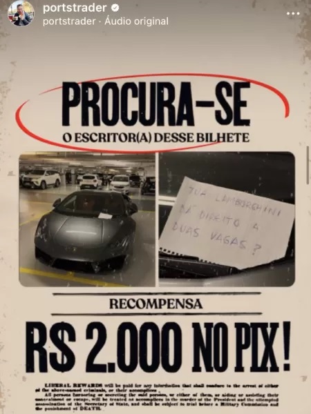 Dono de Lamborghini parado em 2 vagas oferece dinheiro por autor de bilhete