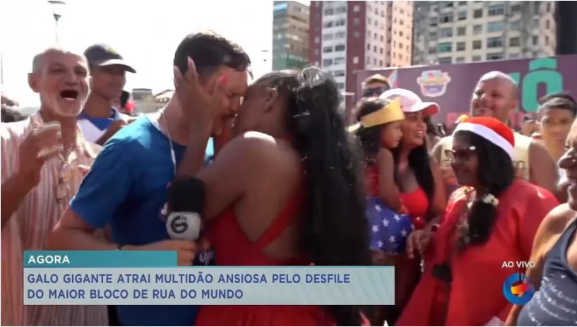 VÍDEO: Repórter é surpreendido com beijo na boca ao vivo em Carnaval