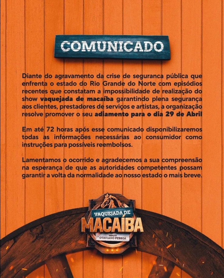 Vaquejada de Macaíba é adiada por causa da crise de segurança pública no RN