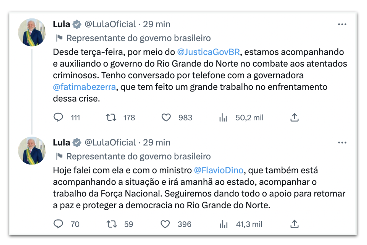 Após 5 dias de silêncio, Lula posta mensagem no Twitter sobre ataques no RN; veja o que ele disse.