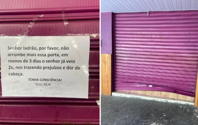 Comerciante coloca recado pedindo que porta não seja arrombada após ladrão tentar invadir loja duas vezes