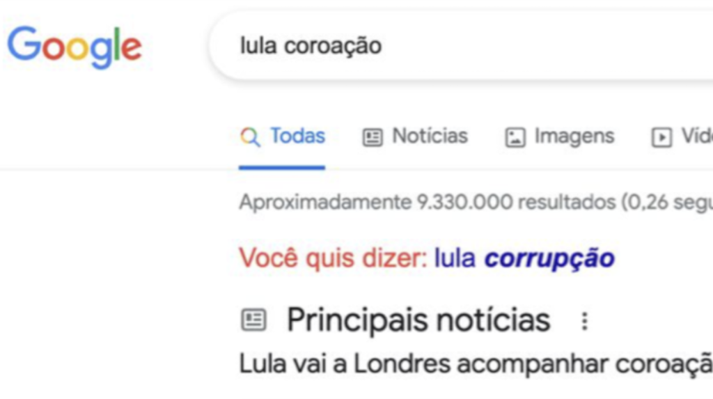Google sugere “lula corrupção” ao pesquisar “lula coroação”