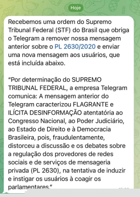Telegram cumpre ordem de Moraes e se retrata por ataque ao PL das Fake News