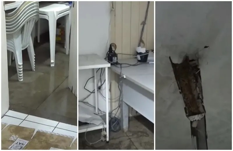 UBS no Alecrim fica inundada por causa da chuva e até lâmpada explode em sala