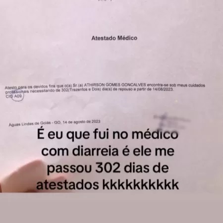 Com diarreia, paciente recebe atestado médico de 302 dias e relato viraliza