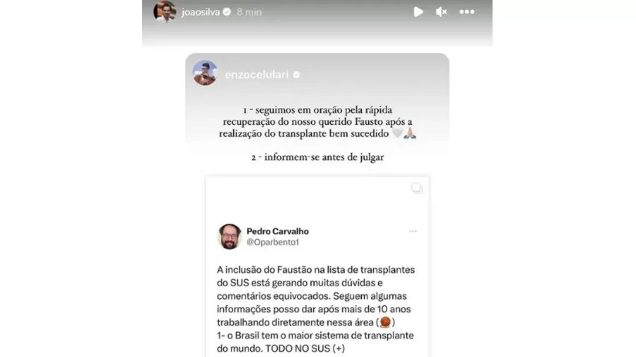 Filho de Faustão posta sobre críticas à rapidez de transplante do pai