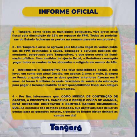 Prefeitura do RN cancela desfile, corta contratos e demitirá comissionados por falta de repasses do FPM