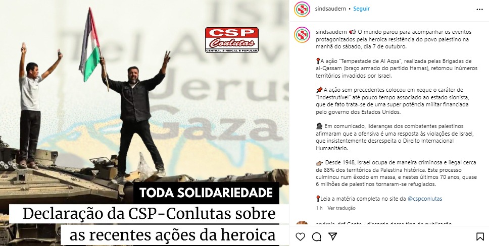 Sindsaúde/RN chama ataque terrorista de "ação heroica" e acusa Israel de criminoso