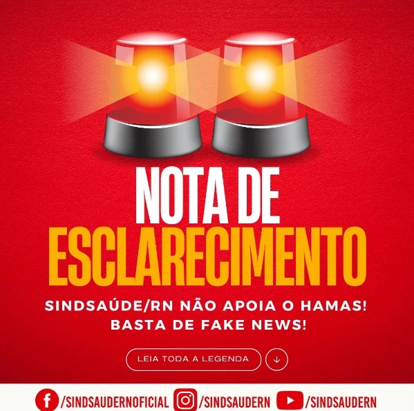 Sindsaúde-RN apaga postagem de apoio ao Hamas e acusa veículos de ‘fake news’