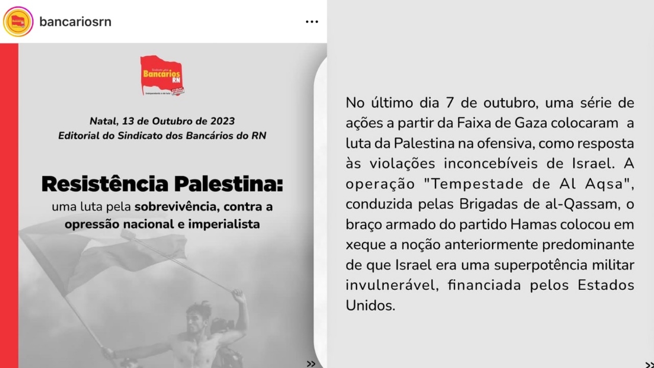 Em editorial, Sindicato dos Bancários do RN trata ataque terrorista do Hamas como “Resistência Palestina”