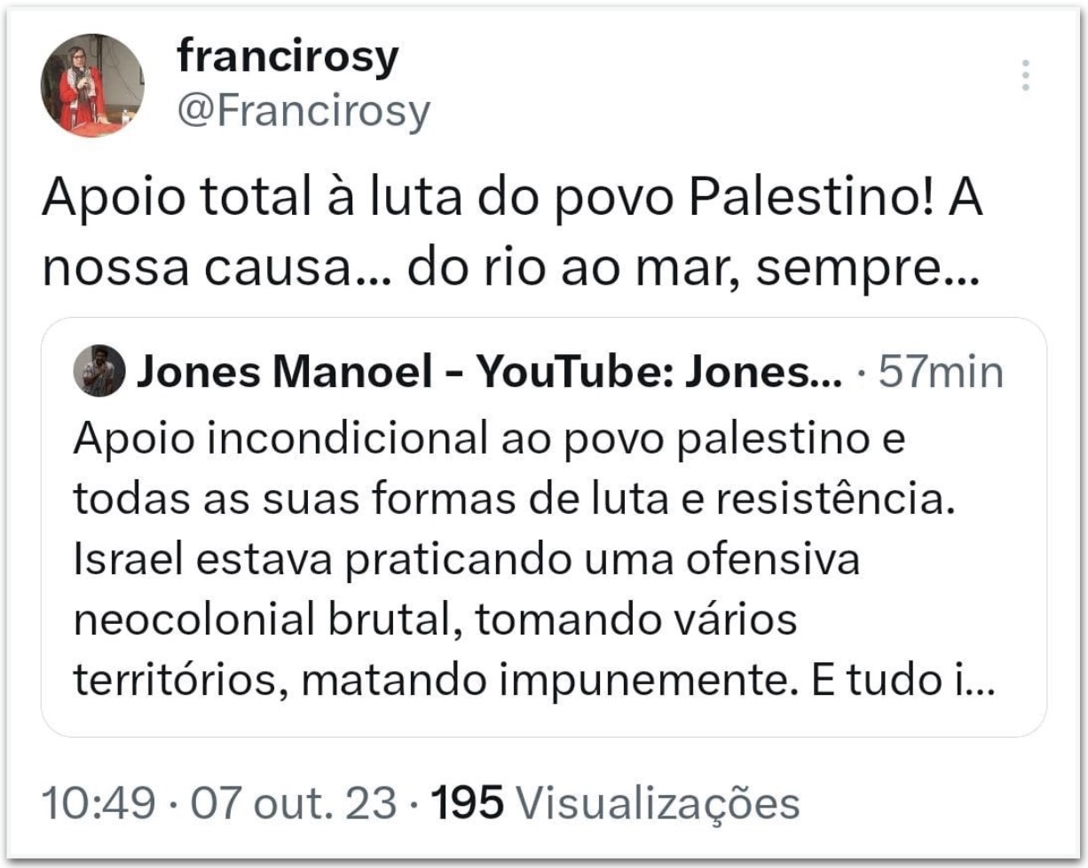 Professora que integrou grupo do governo comemorou ataque do Hamas