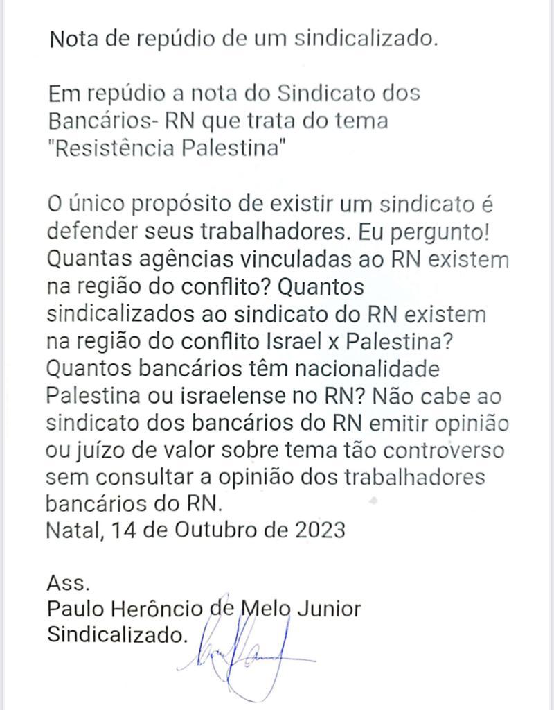 Bancário sindicalizado rebate sindicato pela defesa da "Resistência Palestina"