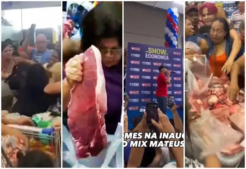 VÍDEO: Inauguração de supermercado tem briga por carne, guerra de bolo, pancadaria e até show de João Gomes