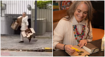 Longe da TV, Regina Duarte é flagrada catando papelão e cascas de árvore na rua