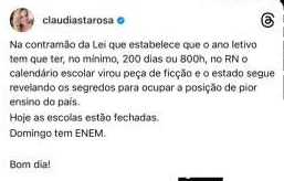 Ex-secretária de Educação critica escolas fechadas: "No RN, calendário escolar virou peça de ficção"