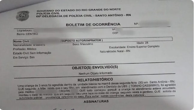 Mãe acusa dentista de dar tapa no rosto de paciente de 3 anos durante atendimento no RN