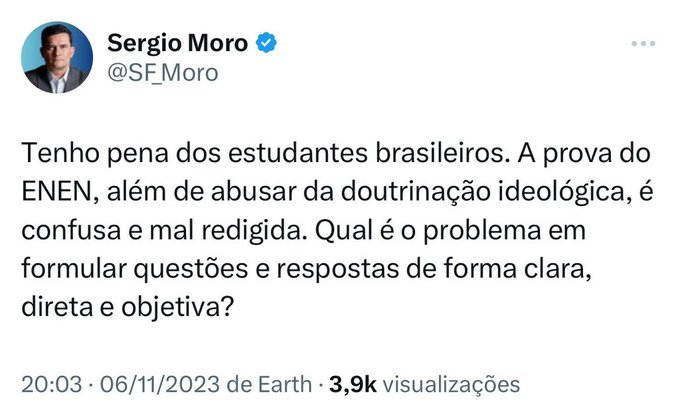 Moro diz que prova do Enem foi ‘mal redigida’, mas escreve errado nome do exame