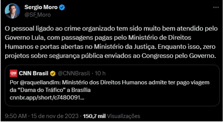 “Pessoal ligado ao crime organizado tem sido muito bem atendido pelo Governo Lula”, diz Moro