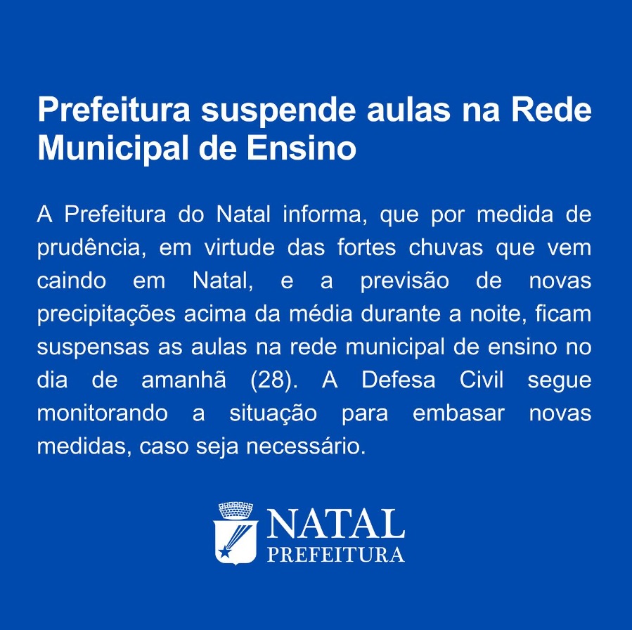 Prefeitura do Natal suspende aulas na rede de ensino municipal