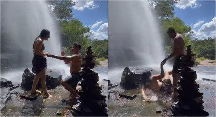 VÍDEO: Noiva leva tombo em cachoeira ao ser pedida em casamento e viraliza nas redes sociais; assista