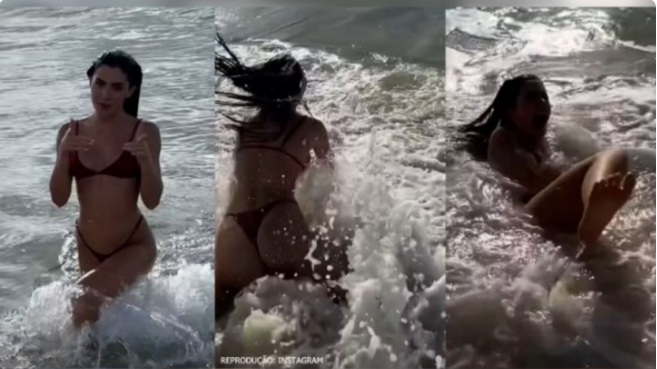 Jade Picon tenta sensualizar na praia e acaba “levando um caldo” no mar