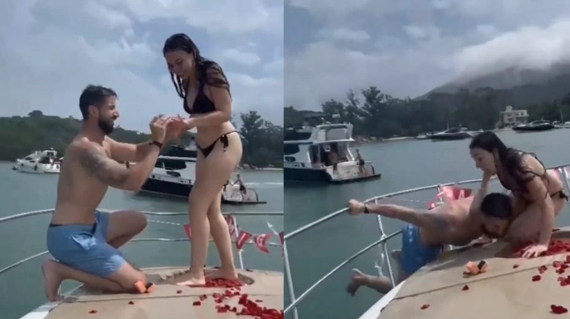 VÍDEO: Noivo cai no mar durante pedido de casamento e viraliza; ASSISTA